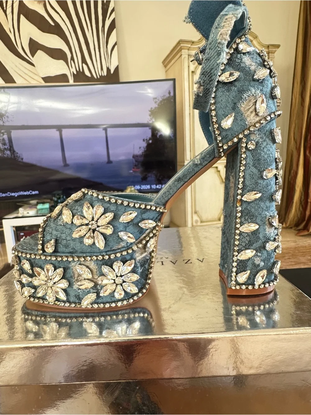 Denim Blue Crystal Floral Platform Sandals